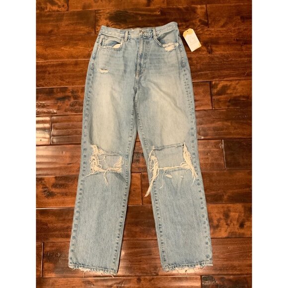 SLVRLAKE Blue Long Time Coming Dakota Distressed High Waist Straight Jeans Sz 27